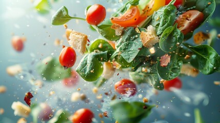 Wall Mural - Fresh Spinach Salad with Cherry Tomatoes and Croutons - Generative AI