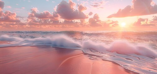 Wall Mural - idea generation, serene beach at sunset, long shot, waves gently washing ashore, pink and orange hues in the sky, soft sandy textures, hyper realistic style, continuous pattern