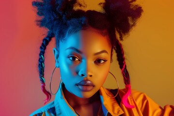 Beautiful african american woman with afro pigtails hairstyle and stylish clothes - Portrait of young black girl in studio, creative colorful lighting technique on colored background in studio