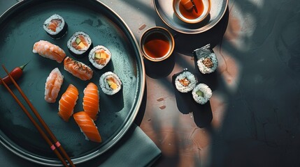 Wall Mural - Plating Japanese sushi with plate, top view, Copy space, very detailed, cinematic, Realistic, Generative ai