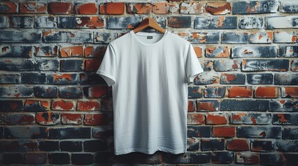 Poster - Plain White T-Shirt on a Hanger Against a Weathered Brick Wall - Generative AI