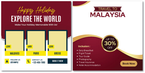 Holiday travel, traveling or summer beach travelling social media post or web banner template design. Tourism business marketing flyer or poster with abstract digital background, logo and icon.