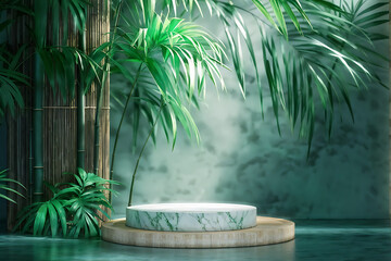 Wall Mural -  Podium background display bamboo product 3D platform cosmetic plant beauty. Podium white background display green leaf shadow marble stand presentation nature space empty scene stone fresh light. 

