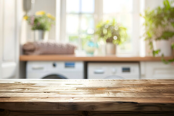 Wall Mural - Aged wooden table for product display on blur washing machine in laundry room background