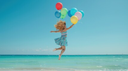 Canvas Print - The girl with balloons jumping