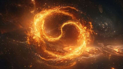 Wall Mural - Swirling light and fire particles forming a yin yang, stars and universe in the background, abstract and cosmic, intricate and vibrant