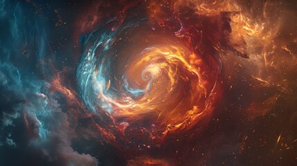 Wall Mural - Swirling light and fire particles forming a yin yang, stars and universe in the background, abstract and cosmic, intricate and vibrant