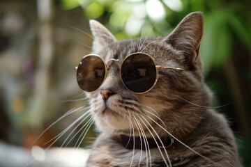 Wall Mural - Grey tabby cat wearing round sunglasses and a black collar is posing with a neutral expression