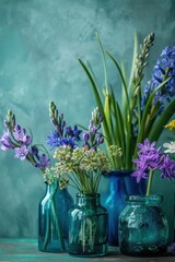 Wall Mural - Purple Flowers in Teal Glass Bottles