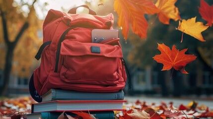 The red backpack in autumn