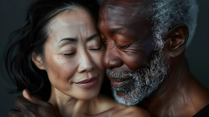 Sticker - Portrait Mature couple African American and Asian lover love and affection between individuals of different racial realistic hyperrealistic