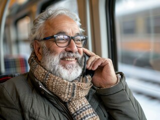 Canvas Print - A happy senior man is talking on the phone while traveling by train. AI.