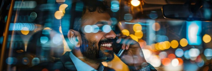 Canvas Print - A man is talking on the phone while driving at night. AI.