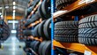 © Emil - new car tire mix type on storage shelf at warehoue stock inventory in auto garage workshop for sale