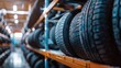© Emil - new car tire mix type on storage shelf at warehoue stock inventory in auto garage workshop for sale