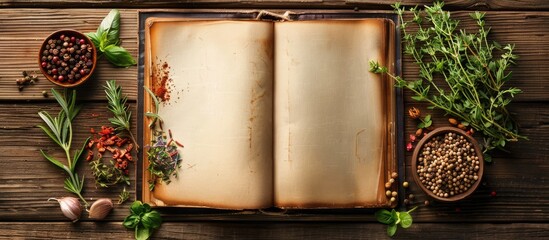 Fresh herbs and spices on wooden background displayed in open recipe book