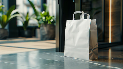 Wall Mural - a white delivery paper bag sitting infront of a door, angled top view, jungly background and floor 