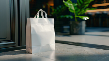 Wall Mural - a white delivery paper bag sitting infront of a door, angled top view, jungly background and floor 