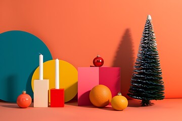 A minimalist, monochromatic holiday scene with bold, graphic shapes and a pop of bright, festive color