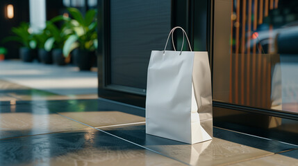 Wall Mural - a white delivery paper bag sitting infront of a door, angled top view, jungly background and floor 