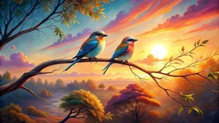 Poster -  The painting is a beautiful depiction of two birds sitting on a branch at sunset. 