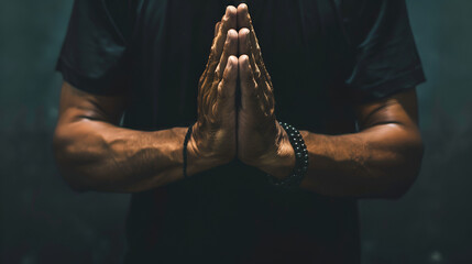 Man hands in praying position low key image. High Contrast isolated  on Black Background. Ratio 1:1, Generative AI