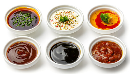 Wall Mural - Set of different sauces in bowls isolated on white, top and side views