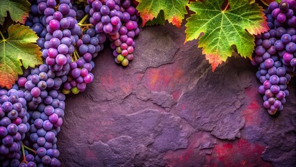 Poster -  A beautiful image of ripe purple grapes on the vine with green and red leaves against a stone background.