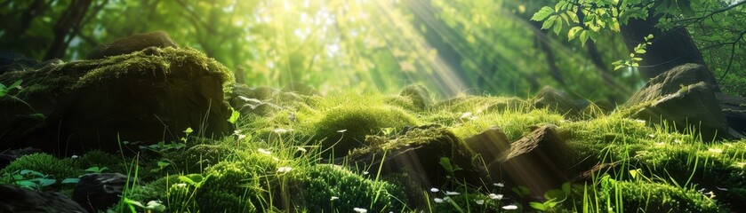 Wall Mural - Sunbeams in a Lush Green Forest