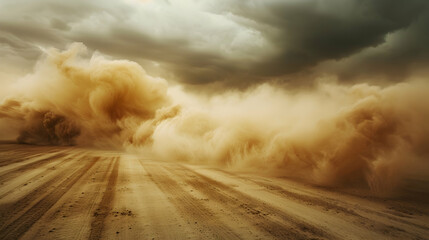 Wall Mural - Dynamic cloud of dust and sand, capturing the intense motion and texture of a desert storm or a dirt road. Backgrounds depicting speed, movement of a vehicle stirring up the earth.