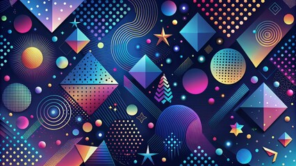 Wall Mural -  This is an abstract geometric background with a retro 80s style. The background is dark blue with a gradient to black at the top and bottom. 