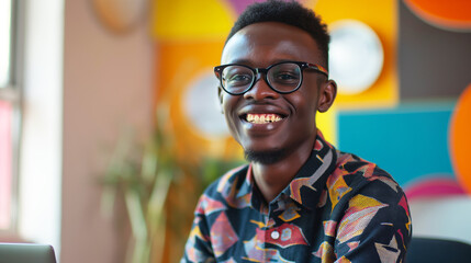 Wall Mural - A smiling man wearing glasses and a colorful shirt is sitting at a desk with a laptop. Concept of happiness and positivity, as the man is enjoying his time at work or in his personal life
