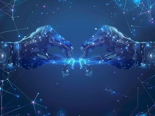 Wall Mural - Two robotic arms holding an AI chip, on a blue gradient background with low-poly line art style and digital circuit patterns, creating the impression of high-tech machinery working on data and