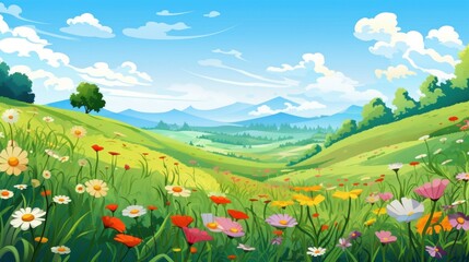 Wall Mural - Scenic Landscape with Rolling Hills, Wildflowers, and Mountains , A Cartoon Illustration of Nature's Beauty
