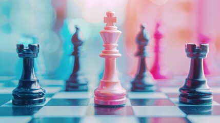 Wall Mural - A symbolic image of a chessboard with strategic pieces aligned for victory, representing business acumen and the pursuit of superiority in competitive markets.