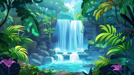 Wall Mural - Waterfall in Tropical Jungle. Lush Green Paradise Illustration
