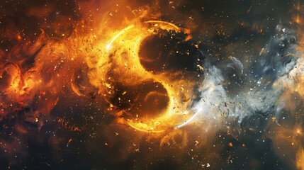 Wall Mural - Yin yang symbol with abstract light and fire particles, stars and universe backdrop, dynamic and cosmic, detailed and mesmerizing