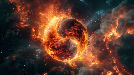 Wall Mural - Yin yang symbol with abstract light and fire particles, stars and universe backdrop, dynamic and cosmic, detailed and mesmerizing
