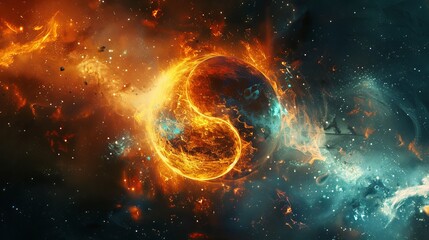 Wall Mural - Yin yang symbol with abstract light and fire particles, stars and universe backdrop, dynamic and cosmic, detailed and mesmerizing