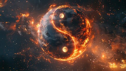 Wall Mural - Yin yang symbol with abstract light and fire particles, stars and universe backdrop, dynamic and cosmic, detailed and mesmerizing