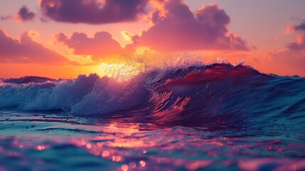 A dramatic ocean wave breaking at sunset, with the vibrant hues of orange, pink, and purple lighting up the sky and water
