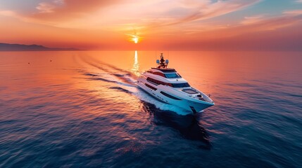 Wall Mural - Luxurious motor boat sailing the sea at dawn, sumptuous, serene