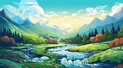 Wall Mural - Scenic mountain landscape with river flowing through green valley at sunrise. Cartoon illustration of beautiful nature with forest, mountains and flowing water.