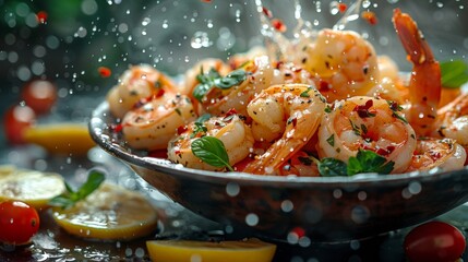 Wall Mural - Delicious Shrimp Dish with Fresh Herbs and Spices - Generative AI