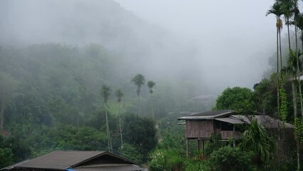 Wall Mural - Rural village in the valley in Asia on foggy