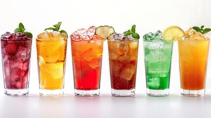 Wall Mural - Assorted ice-cold beverages on a white background, including smoothies