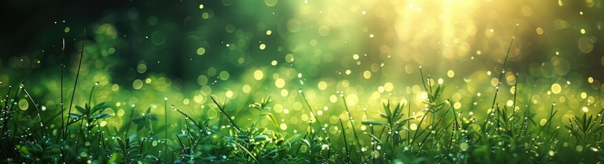 Canvas Print - Dewy green grass in the morning sunlight