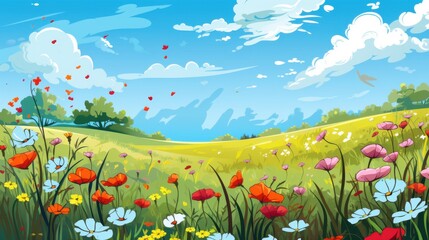 Scenic summer landscape with blooming meadow, vibrant wildflowers, lush green grass, blue sky and fluffy clouds. Cartoon style nature background, perfect for wallpaper, illustration, design