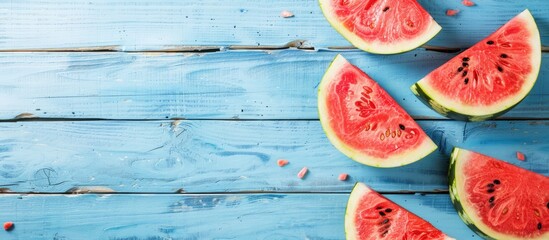 Wall Mural - Watermelon slices on blue wooden surface seen from above with space for text. 