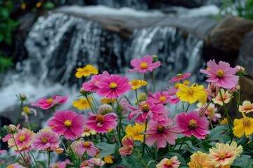 Canvas Print - Colorful cosmos flowers near a waterfall